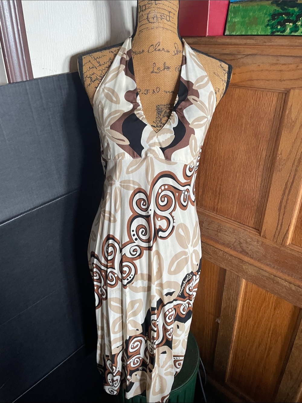 Manuhealii Cream and Brown Halter Maxi Dress with Abstract Swirl Print Small